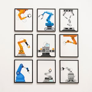 May include: Nine framed prints featuring colorful illustrations of robotic arms. The arms are depicted in various positions and designs, with a focus on industrial automation and technology. The color palette includes orange, blue, gray, and white.