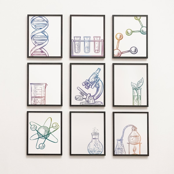 Science Class Gallery Wall - Classroom Decor, high school middle school, science art, biology class, chemistry, classroom art