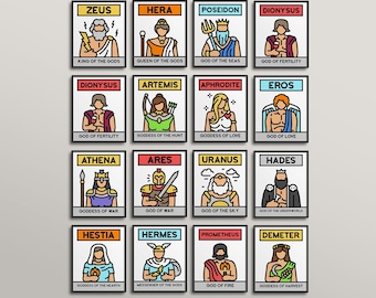 Set of 16 Greek Gods Icon Style Gallery Wall - greek mythology, goddess, history class, world culture, zeus, aphrodite hera, poseidon athena