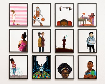 May include: A wall gallery of framed artwork featuring various scenes and characters. The artwork includes a basketball player, a girl with a backpack, a girl with a bike, a girl with a book, a girl with a phone, a girl with a book, a girl with a book, a girl with a book, a girl with a book, and a girl with a book.