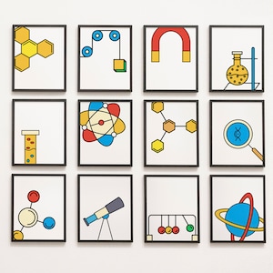 May include: A set of 12 black framed illustrations depicting various science-related concepts. The illustrations include a honeycomb, a chain of connected circles, a horseshoe magnet, a beaker with a stand, an atom, a molecule, a magnifying glass with a DNA strand, a molecule, a telescope, a Newton's cradle, and a planet with rings.