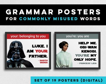 STAR WARS Grammar Posters (19) Digital Poster, English Lit Classroom, Classroom Decor, Middle School High School, han solo, yoda, leia, luke