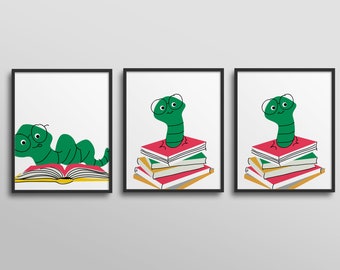 Bookworm Art Gallery Wall - Sketch Style, Classroom Decor elementary school cartoon bookworm first grade kindergarten reading corner