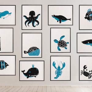 Aquatic Gallery Wall - biology class, sea theme ocean theme, aquarium, marine biology, boys room, girls room, blue, black