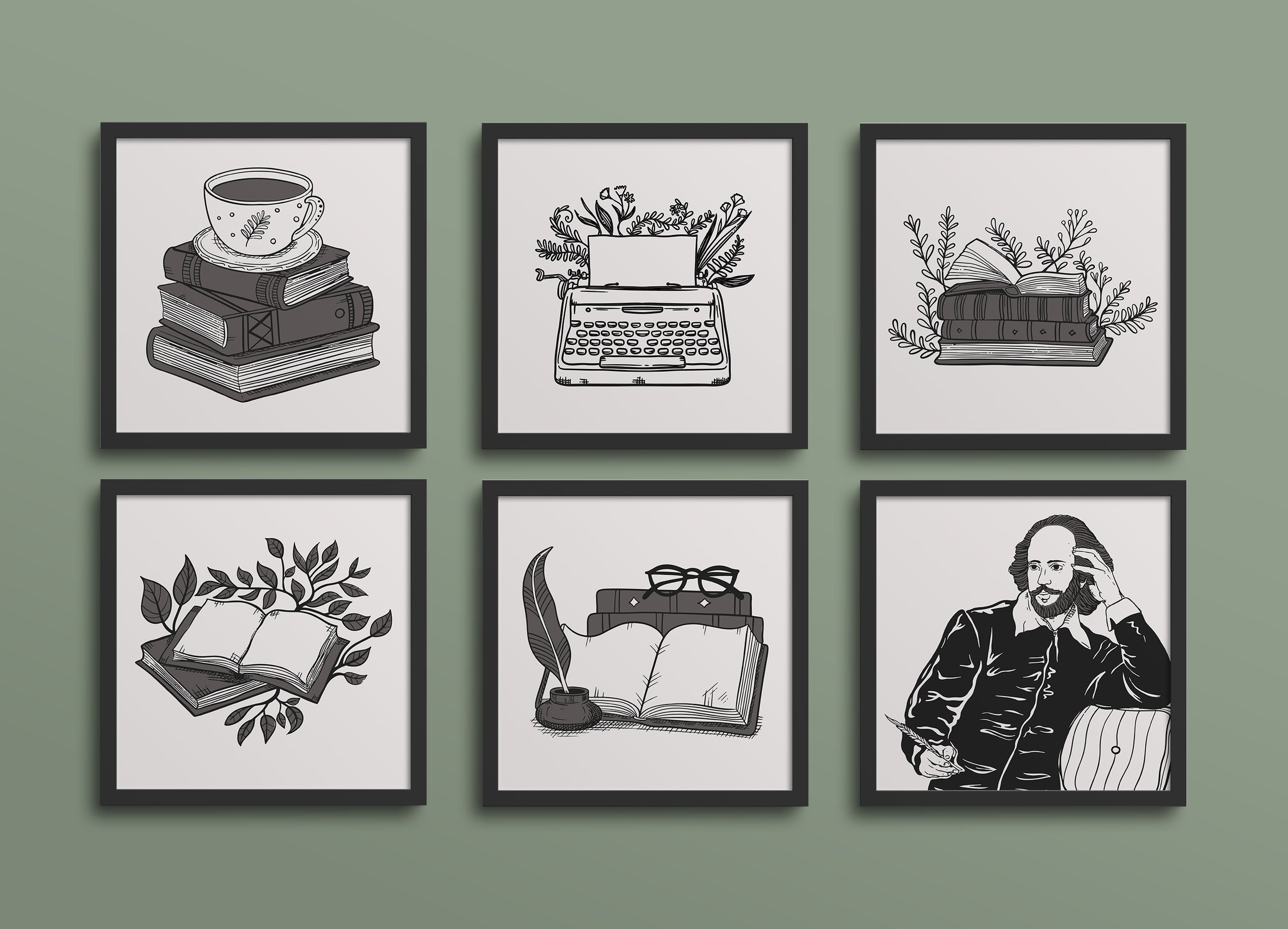 English Class Gallery Wall - Classroom Decor, high school middle school, square, shakespeare, artistic english class, typewriter, books art