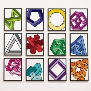 May include: A wall display of 12 framed prints featuring optical illusion art. Each print showcases a different geometric shape, including a triangle, a star, a circle, and a cube, in various colors.