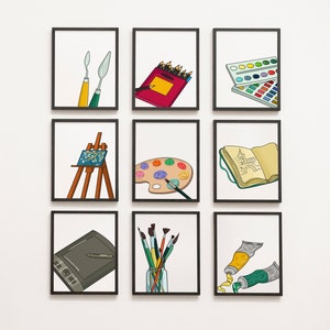 Galeria materiałów artystycznych na ścianie - zajęcia artystyczne, studio artystyczne, artysta, pędzel, sztaluga, kącik rzemieślniczy, wydruk cyfrowy do natychmiastowego pobrania
