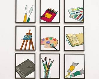 Art Supplies Gallery Wall - art class, art studio, artist, paintbrush, easel, craft corner, digital printable instant download