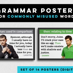 May include: Two grammar posters with black frames and white text. The poster on the left features a man in a suit and tie and the text "than: used in comparison". The poster on the right features a man in a green shirt and the text "then: relating to time".