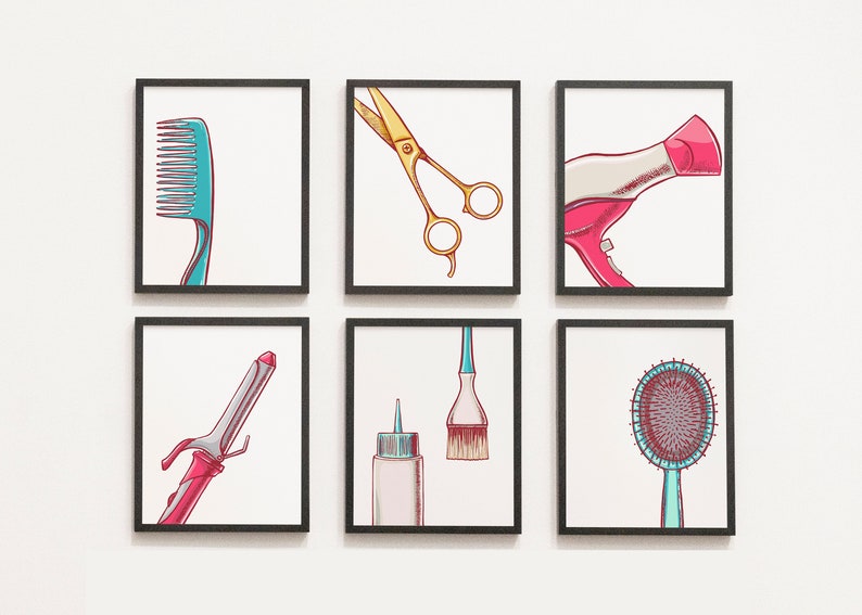 Puede incluir: Seis ilustraciones enmarcadas de herramientas de peluquer&iacute;a, que incluyen un peine, tijeras, secador de pelo, rizador, botella de tinte para el cabello y un cepillo.