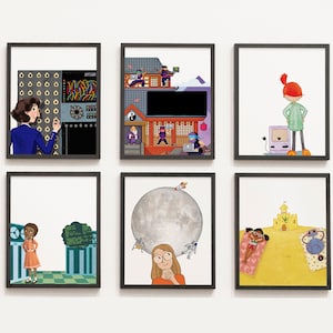 May include: Six framed art prints with illustrations. The prints depict various scenes, including a woman operating a machine, a building with figures, a person with a computer, a girl, a moon scene, and a beach scene. The frames are black.