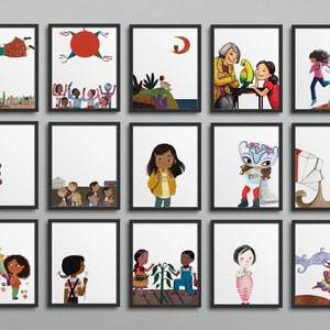Latinx ELEMENTARY School Book Characters bilingual Gallery Wall Classroom Decor reading class english language arts latino, latina set of 15