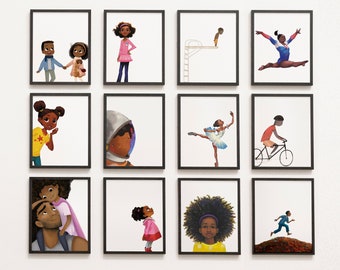 May include: A collage of 10 framed illustrations featuring diverse children in various activities. The illustrations include a couple holding hands, a girl in a space suit, a girl in a ballerina outfit, a girl doing gymnastics, a girl in a dress, a girl in a space suit, a girl in a dress, a girl in a dress, a girl in a dress, and a girl in a dress.