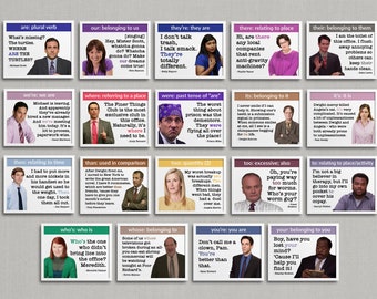 May include: A collection of 20 square cards with quotes from the TV show "The Office". Each card features a character's image, a phrase, and a quote related to grammar and relationships.