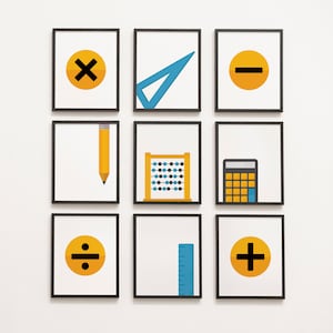Math Gallery Wall - elementary school, middle school, calculator, ruler, math lover, math class, mathlete, math club, blue yellow grey