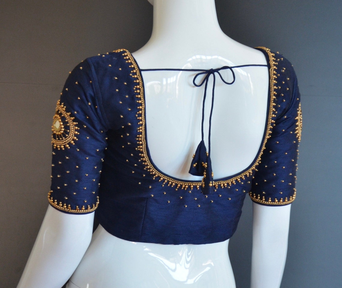 Readymade saree blouse with golden bead aari hand work/ Ready Etsy