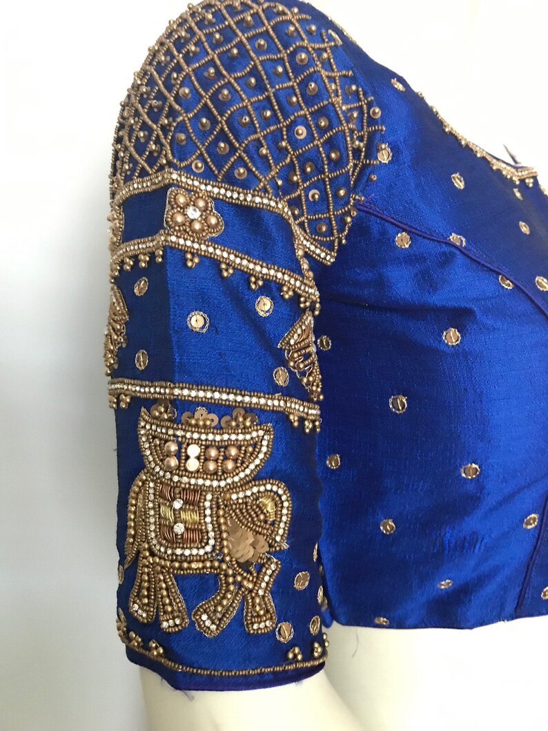 Readymade Indian bridal designer saree blouse with aari work women\u2019s sari top wedding saree blouse with elephant design