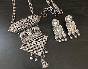 Oxidized Silver Elephant Necklace: Ethnic Tribal Pendant