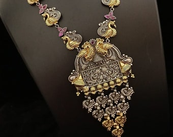 Oxidized Silver Dual Tone Necklace: Pink Stone Indian Jewelry