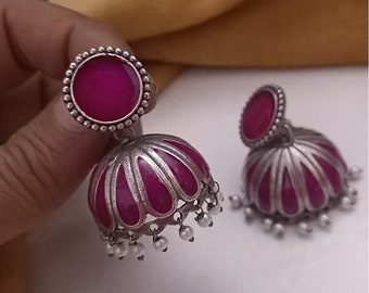 Brincos Meenakari Jhumka Rosa: Joias Indianas de Prata Oxidada