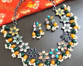 Oxidized Silver Beaded Necklace: Multicolor Tribal Statement Jewelry