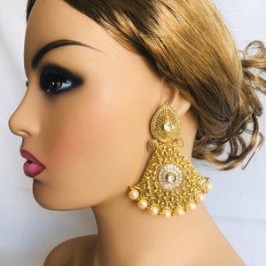 Antique Pearl Chandbali Earrings: Golden Kundan Rajwadi Statement Jewelry