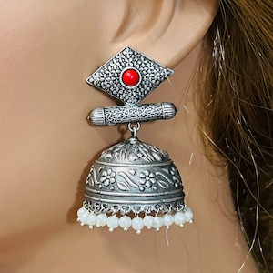 Coral Oxidized Silver Jhumka Earrings: Indian Style Jewelry