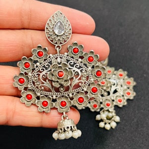 Coral Oxidized Silver Chandbali Earrings: Tribal Style, 2.65&quot;