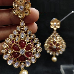Red Golden Kundan Chandbali Earring/Ethnic Pearl Earrings/Contemporary Earrings/Golden earrings/Kundan Chandbali Earrings/Indian Earrings