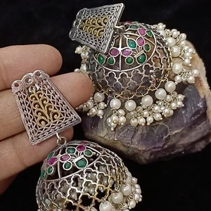 Oxidized German Silver Jhumka Earrings: Ethnic Tribal Pearl Jewelry