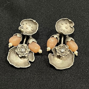 Peach Silver Oxidized Stud Earrings with beads / Maroon Silver Designer Earrings / Indian Earrings / Ethnic Boho Studs / Tribal Jewelry