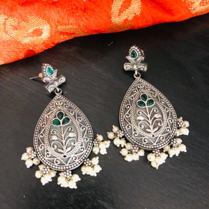Oxidized German Silver Chandbali Earrings: Tribal Style, Green Stone with Pearls