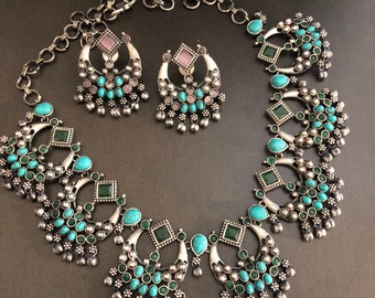 Set ketting geoxideerd zilver turkoois: tribale ghungoo-sieraden