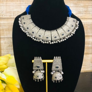 Oxidized Silver Jhumka Choker Necklace: Tribal Afghani Style