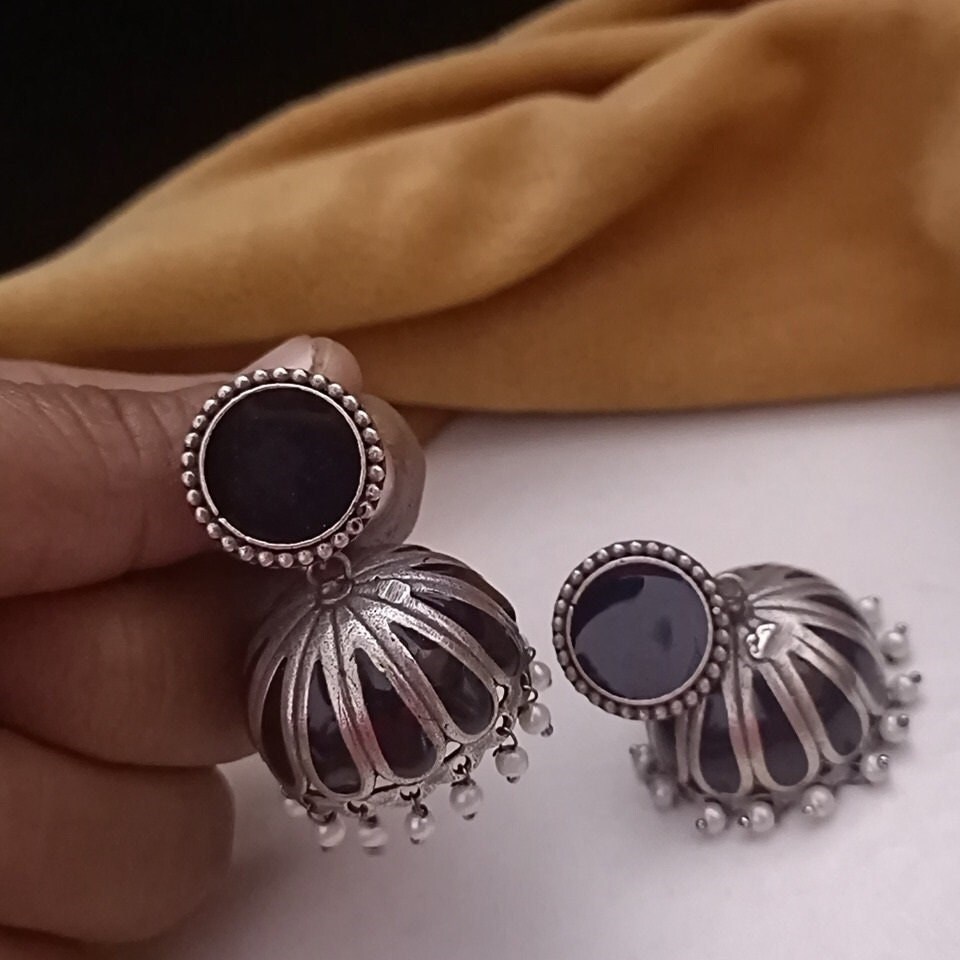 Black Jhumka/ Black Meenakari Jhumka/ Oxidized Silver Jhumka