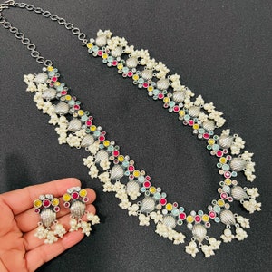 Multicolor Oxidized Silver Long Necklace/ Oxidized Pearls Necklace/ German Silver Long Haram Tribal Necklace/ Silver Oxidized Jewelry
