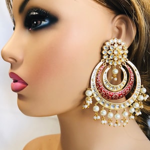 Red Meenakari Kundan Chandbali Earrings: Bollywood Pakistani Jewelry