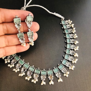 Oxidized Silver Necklace with colored stones/ Handcarved Stone Necklace/ Silver Oxidized statement necklace/ Ethnic Tribal Necklace