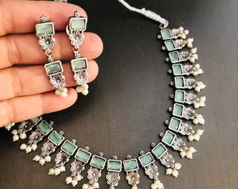 Oxidized Silver Necklace & Earrings: Handcarved Stone Ethnic Jewelry