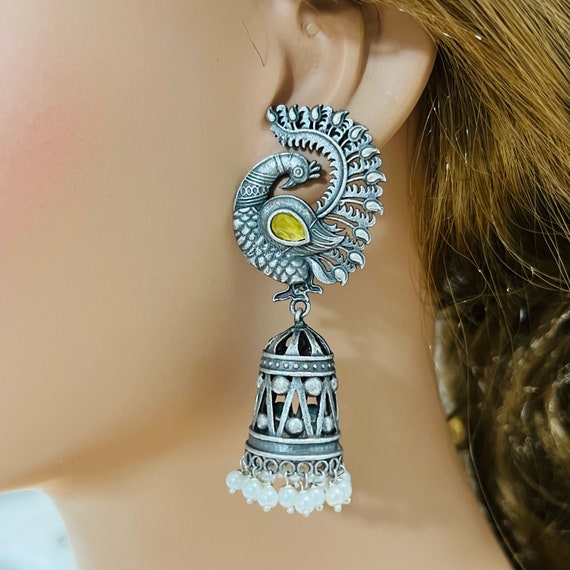 Oxidised peacock jhumka best sale