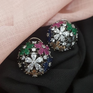 CZ Flower Studs: Victorian Brass, Ruby, Green, Pink