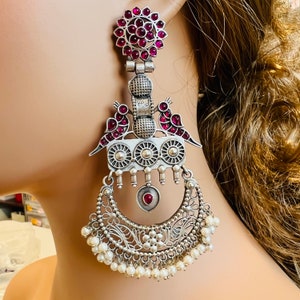 Oxidized Silver Chandbali Earrings: Red Bird Design, Indian Jewelry
