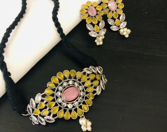 Oxidized Silver Choker: Ethnic Tribal Necklace with Handcarved Stones