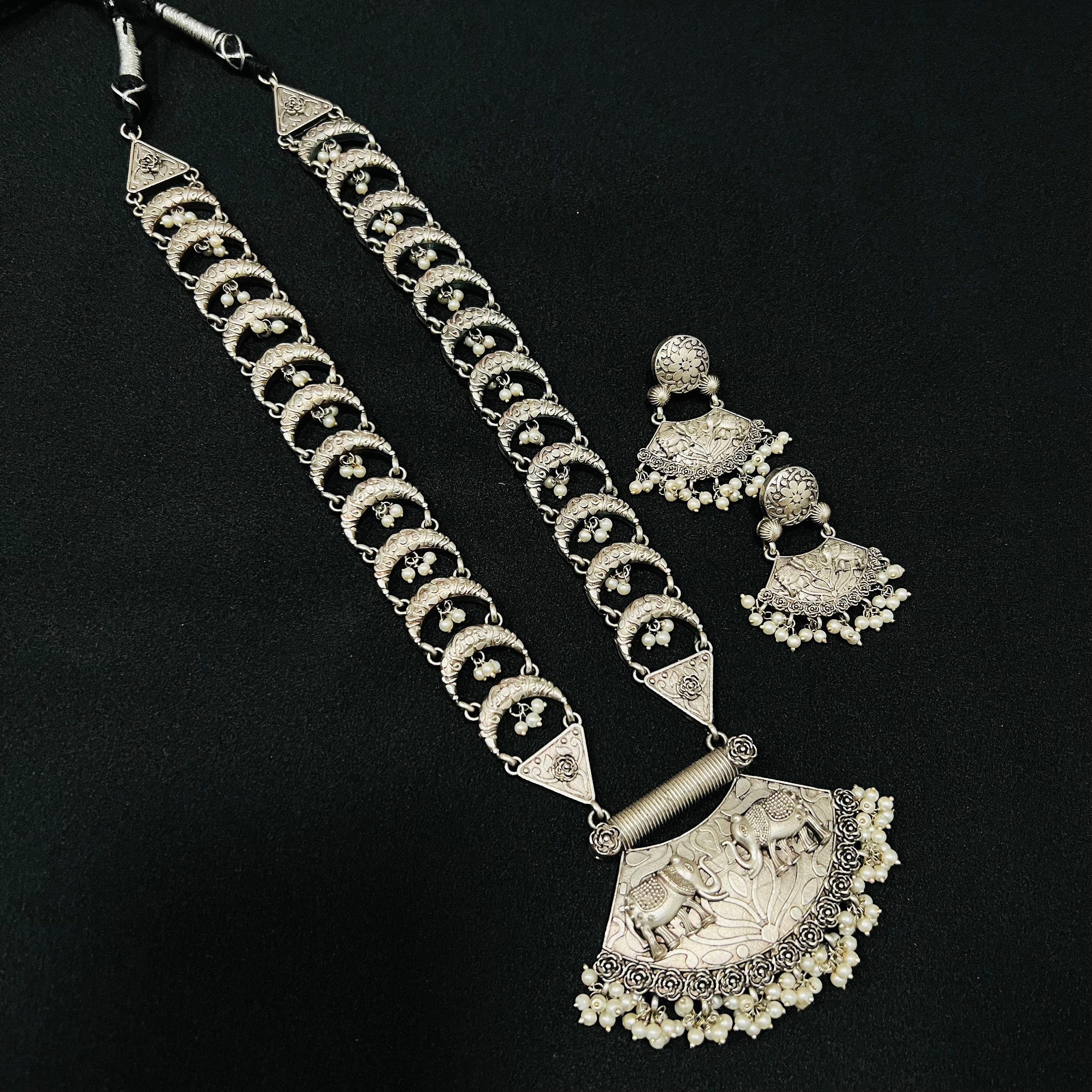 925 Sterling Silver Oxidized Long Necklace/ Boho Jewelry