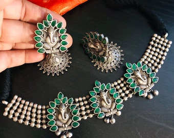Ganesha Oxidized Silver Choker with Ganpati Jhumka Earrings: Tribal Ethnic Necklace