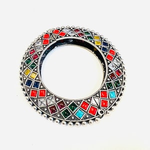 Navratan Stone Oxidized Silver Bracelet Kada: Openable Tribal Bangle