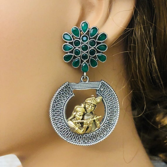 Dual Tone Radha Krishna Chandbali Oxidized Silver Chandbali German Silver Chandbali Earrings Two Tone Statement Earrings Jhumkastop Etsy Canada
