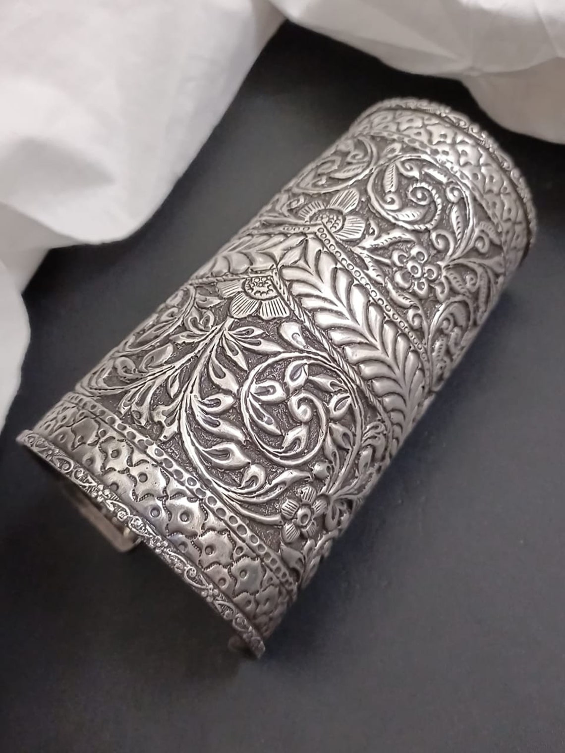 White - Antique Finish Oxidised German Silver Cuff Bracelet (Adjustable)