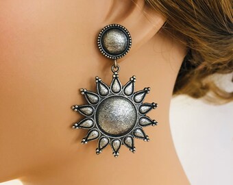 Oxidized Silver Sunflower Earrings: Indian Tribal Jewelry