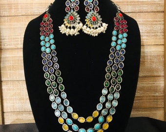 Oxidized Silver Tribal Necklace: Multicolor Stone Statement Jewelry